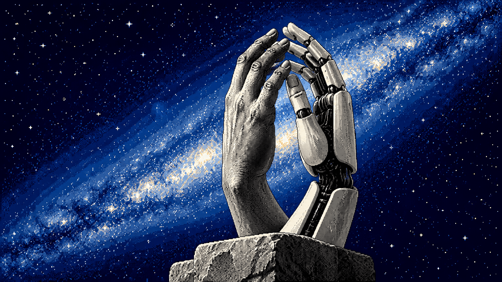 Une main humaine de pierre et une main robotique se touchant du bout des doigts devant une galaxie, en gravure pixel art sur fond bleu nuit.