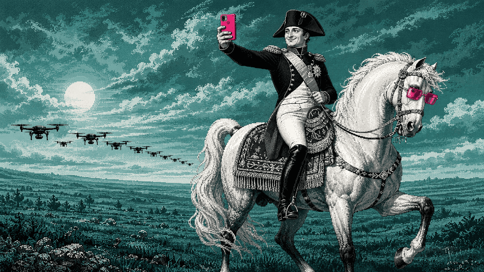 Napoléon à cheval prenant un selfie avec un smartphone rose, une escadrille de drones dans le ciel, en gravure pixel art aux tons vert-de-gris.