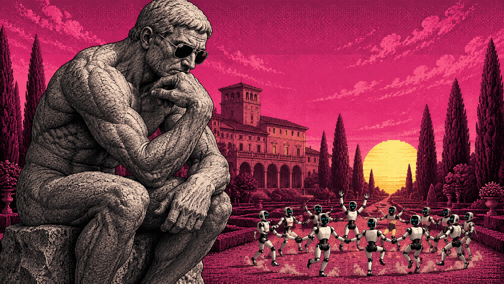 Illustration pixel art : le Penseur de Rodin à lunettes de soleil observant une ronde de robots dansants, ciel magenta.