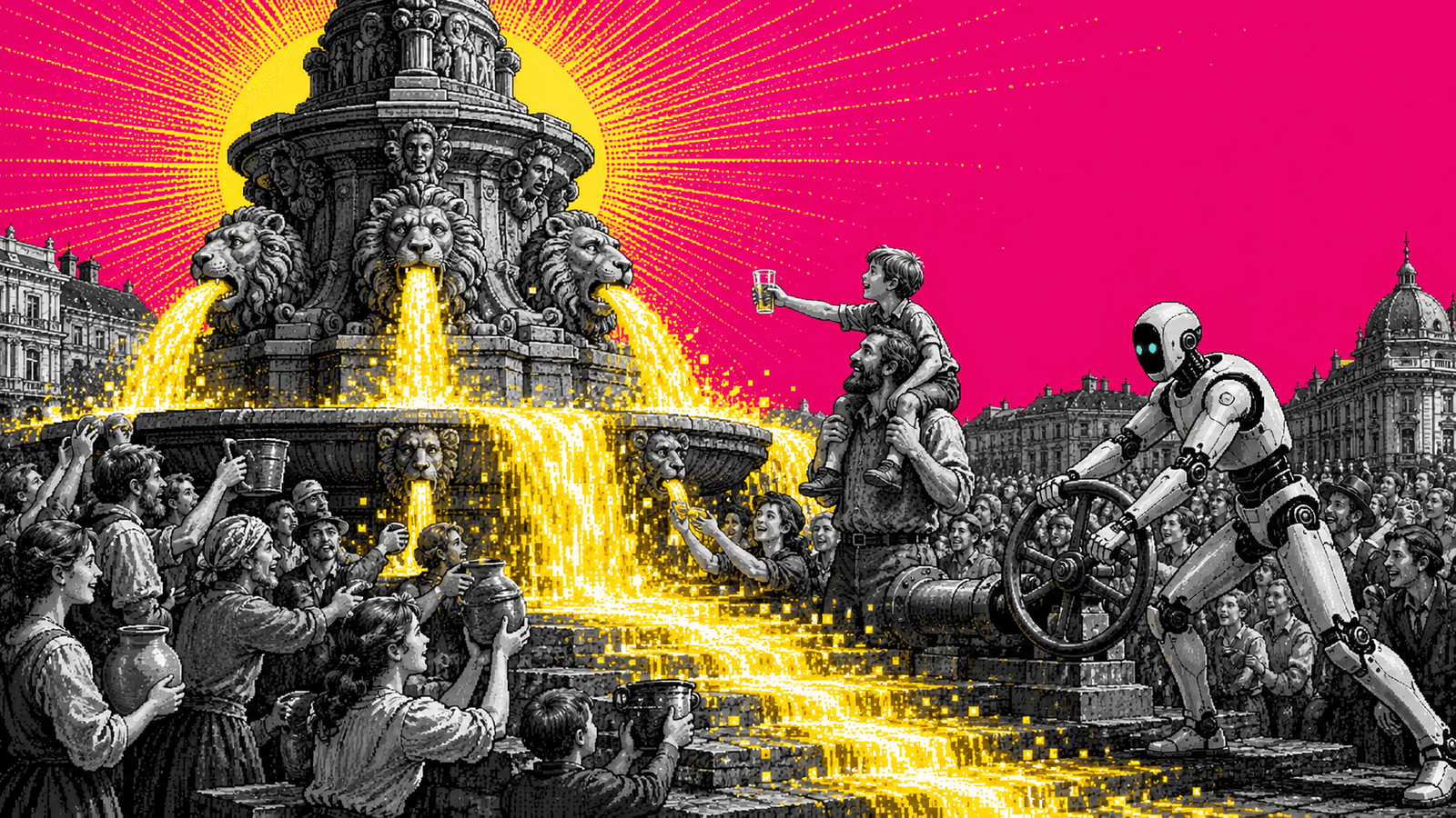 Illustration pixel art gravée : sur une place bordée d'immeubles haussmanniens, une fontaine monumentale en pierre aux gueules de lion déverse non pas de l'eau mais un torrent de lumière jaune solaire faite de pixels, qui déborde du bassin et ruisselle sur les marches ; une foule dense de gens ordinaires en noir et blanc tend cruches, seaux et gobelets pour la recueillir, un enfant juché sur les épaules de son père brandit un verre, tandis qu'à droite un robot humanoïde blanc cassé aux deux yeux cyan ouvre en grand le volant de vanne en fonte, sur un vaste aplat magenta traversé de rayons gravés.