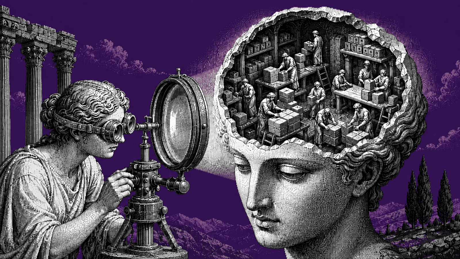 Gravure pixel art en noir et blanc sur fond violet-prune : une chercheuse aux goggles steampunk braque une grande lentille d'observation sur un buste de marbre antique au crâne ouvert, où de minuscules ouvriers gravés rangent et assemblent des blocs-idées sur de petits établis.