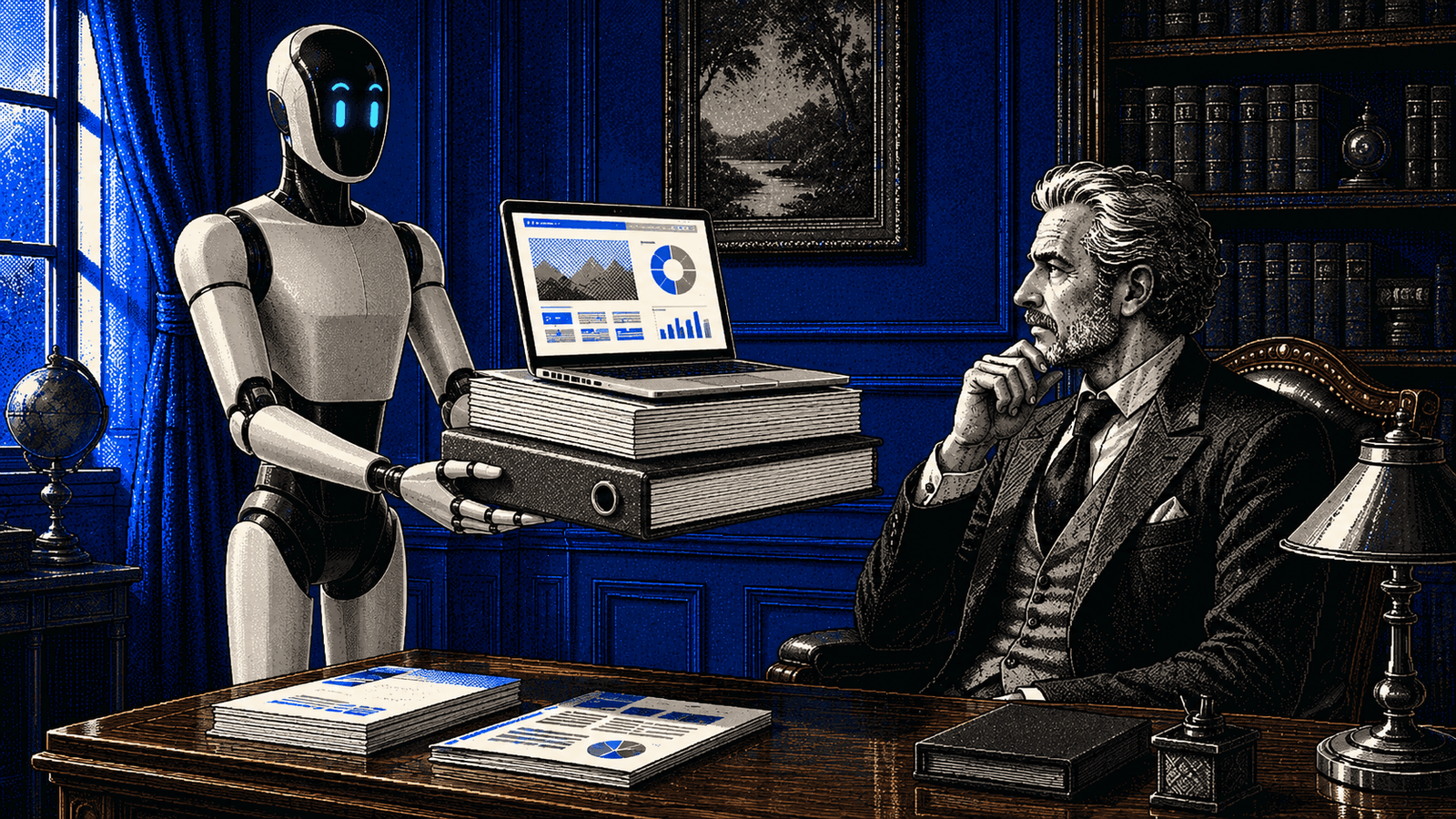 Illustration pixel art gravée : dans un bureau boisé aux boiseries bleu roi, un robot humanoïde blanc et noir à visière cyan tend une pile de livrables achevés — un gros dossier relié surmonté d'un ordinateur portable affichant un site web et un graphique finis — à un cadre en costume, rendu en noir et blanc, assis à sa table qui l'examine, main au menton, en inspecteur des travaux finis.