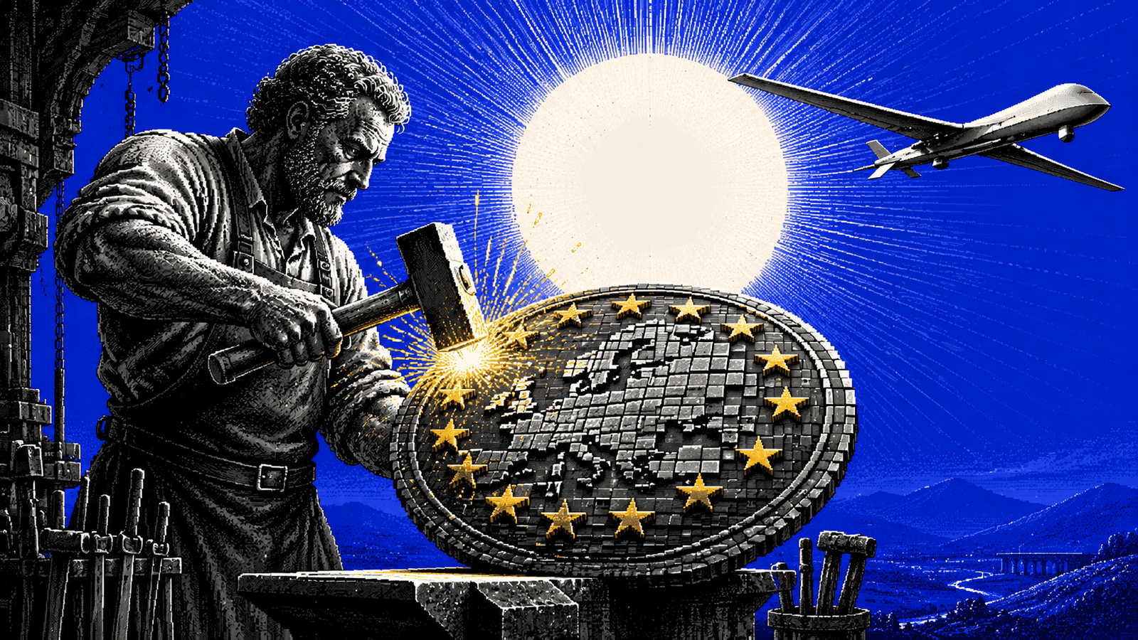 Illustration pixel art : un forgeron gravé en noir et blanc martèle sur son enclume un grand bouclier fait de pixels, où la carte de l'Europe est cerclée d'étoiles dorées ; au-dessus, un drone plane dans un ciel bleu roi devant un disque solaire rayonnant.