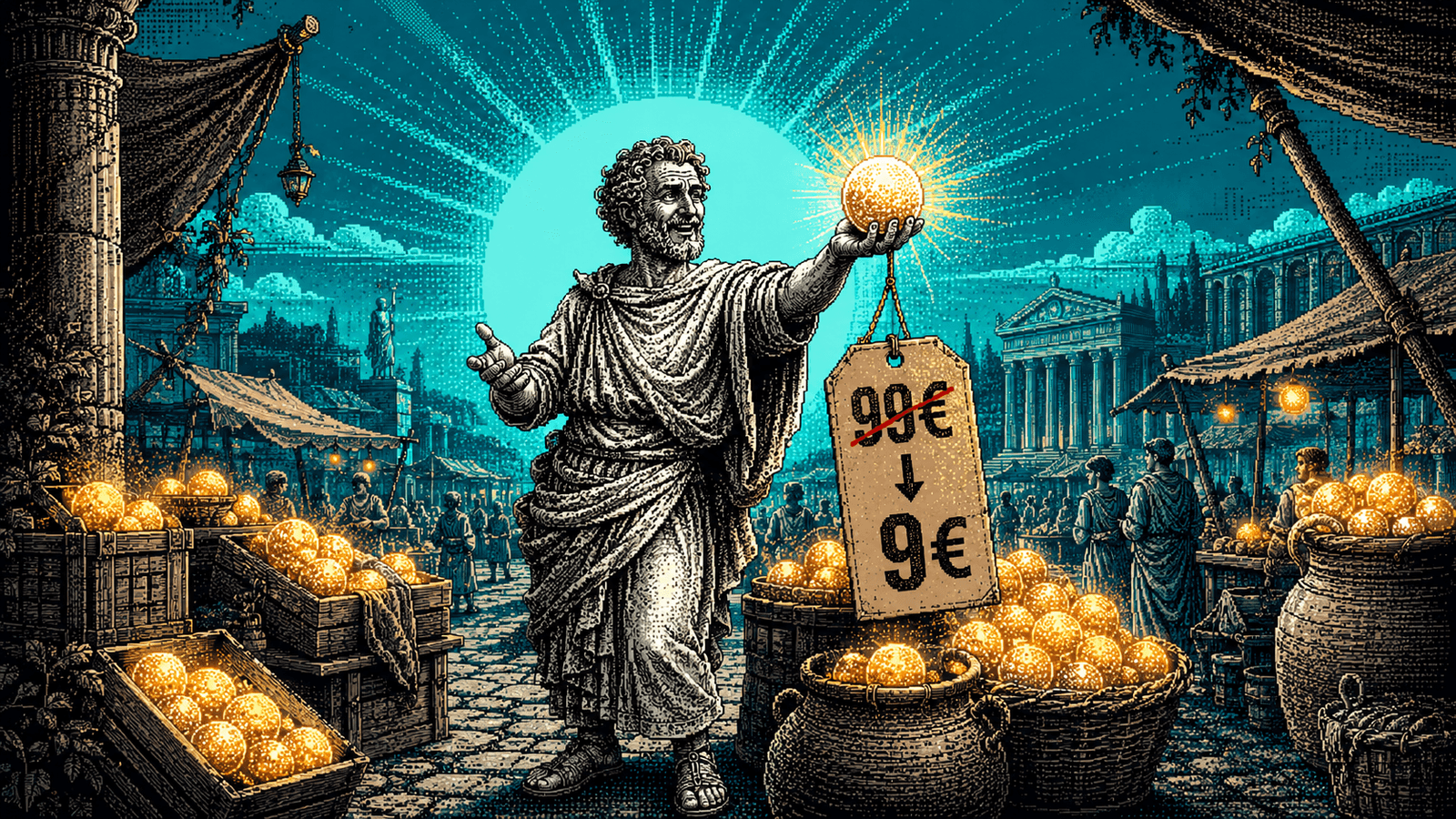 Un marchand antique en toge, figure de gravure pixel art en noir et blanc, brandit à bout de bras un orbe d'intelligence lumineux doré sur un marché antique ; une grande étiquette de prix suspendue affiche « 90 € » barré chutant à « 9 € », des cageots et des jarres débordent d'orbes dorés, devant un vaste disque solaire teal rayonnant sur un ciel cyan en aplat.