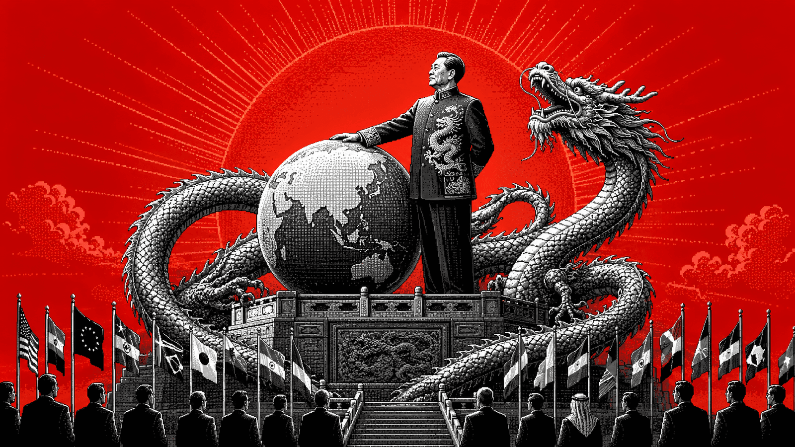 Illustration pixel art gravée en noir et blanc : un homme d'État en tunique protocolaire pose la main au sommet d'un immense globe terrestre sur une estrade solennelle, un grand dragon oriental enroulé autour de la scène, un disque solaire rayonnant en contre-jour, sur un fond rouge impérial saturé traversé de rayons gravés ; en contrebas, une rangée de délégués anonymes tenant des porte-drapeaux.