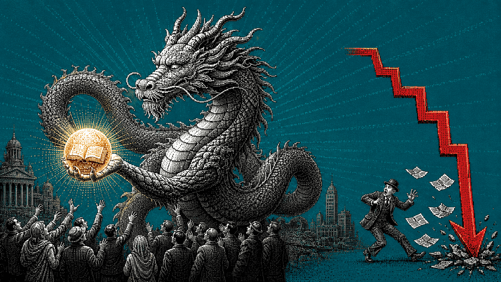Illustration pixel art gravée : un immense dragon oriental en noir et blanc, enroulé au centre, tend dans sa griffe une sphère dorée rayonnante contenant un livre ouvert vers une foule de gens ordinaires qui lèvent les mains vers elle, pendant qu'à droite un courtier en costume et chapeau melon lâche ses papiers sous une courbe boursière rouge vif qui plonge en marches d'escalier et vient se planter dans le sol, sur un fond teal profond traversé de rayons gravés.