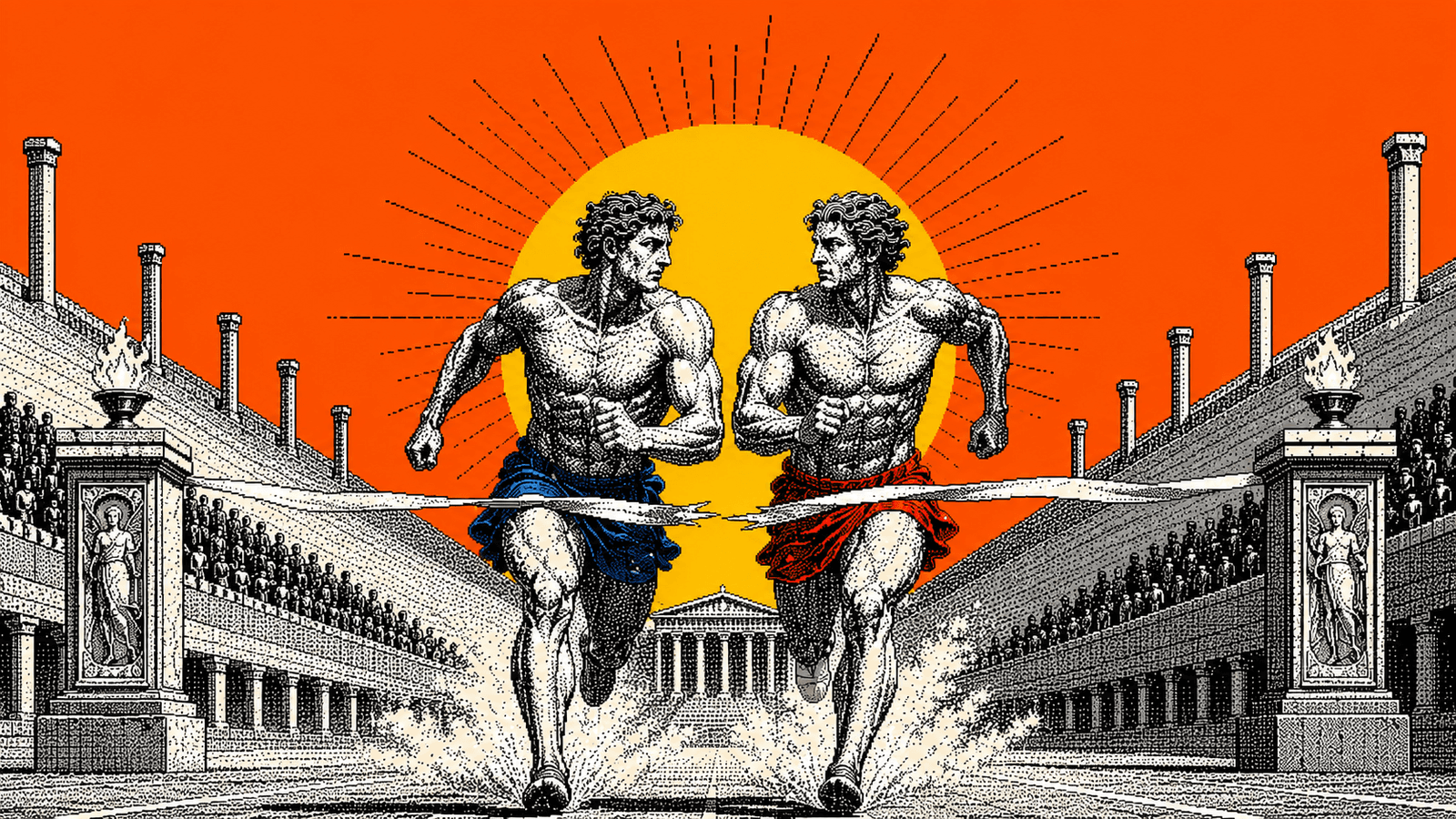 Deux athlètes en gravure pixel art noir et blanc, pagnes bleu et rouge, franchissent au coude à coude la ligne d'arrivée d'un stade antique, devant un disque solaire jaune sur un ciel orange en aplat.