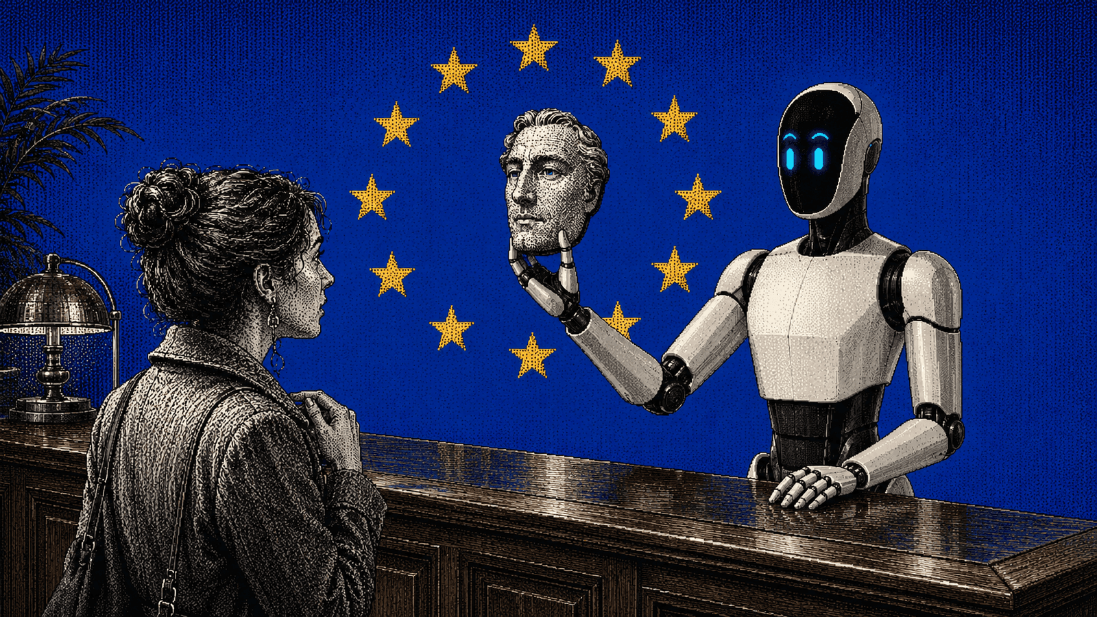 Illustration pixel art gravée : derrière un comptoir d'accueil en bois sombre, un robot humanoïde aux panneaux blanc cassé et articulations noires écarte de son visage un masque de visage humain gravé qu'il tient à bout de bras, révélant sa visière noire aux yeux cyan ; de l'autre côté du comptoir, une visiteuse en manteau, rendue en noir et blanc, l'observe, tandis qu'un large aplat bleu roi porte un cercle de douze étoiles dorées disposées en compte à rebours.