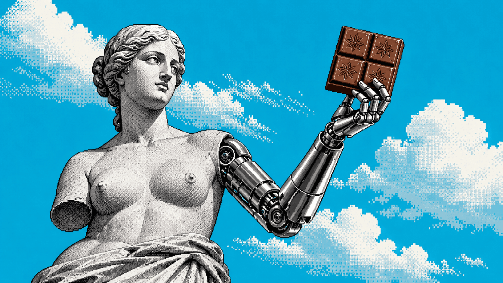 Illustration pixel art : une Vénus antique au bras robotique tenant une tablette de chocolat, ciel bleu.