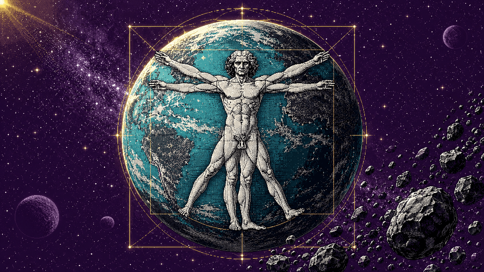 Illustration pixel art : l'homme de Vitruve inscrit dans un globe terrestre, sur fond de cosmos violet.