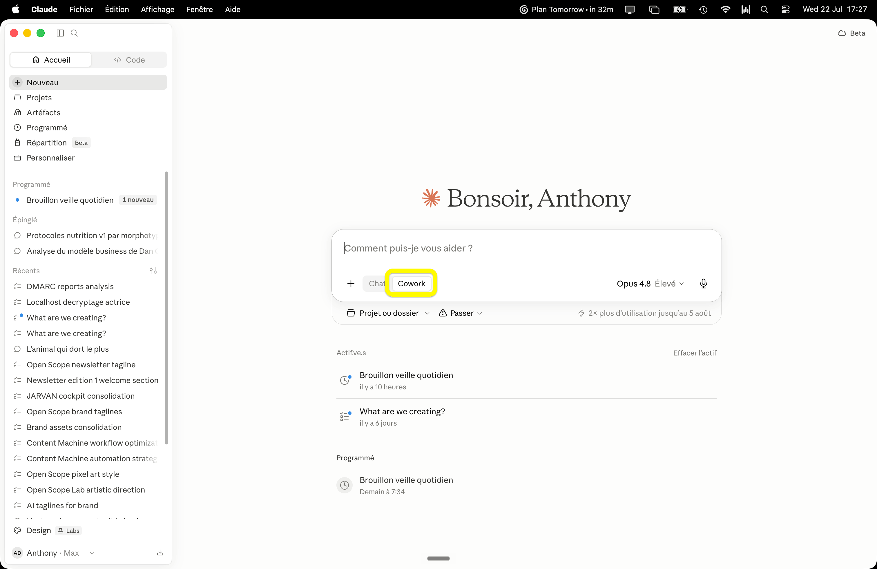 Capture de l'app Claude : la barre de message avec le sélecteur Chat · Cowork, l'onglet Cowork surligné